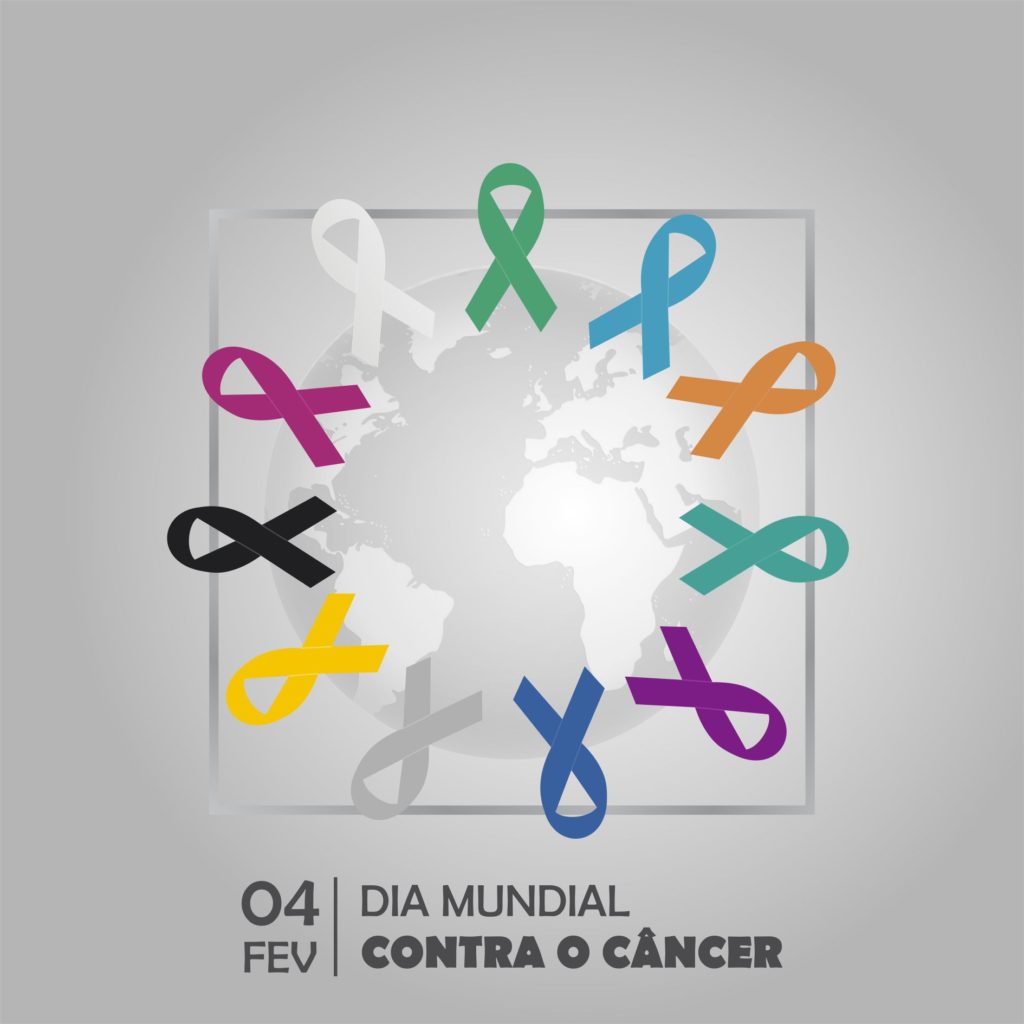 Um mundo em cinza com as fitas de campanha contra o câncer coloridas