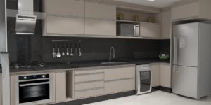 cozinha com móveis claros e eletrodomésticos